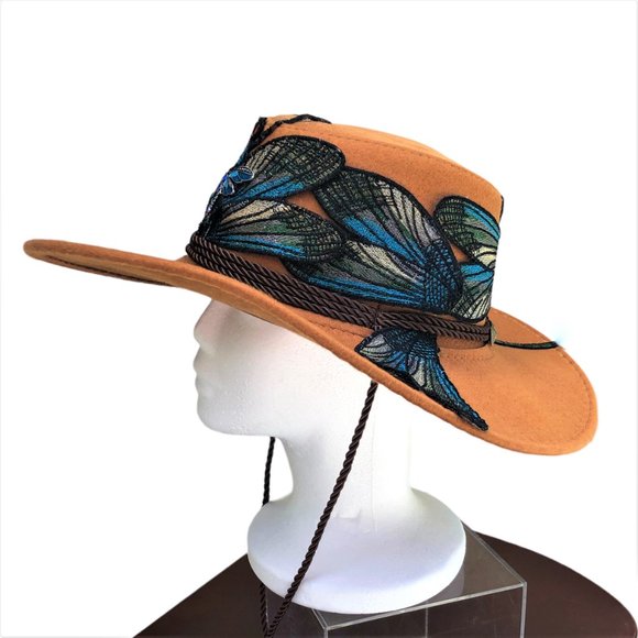 Dragonfly Hat Embellished Fedora Y2K Boho Whimsical Apricot Color NEW - Picture 5 of 7